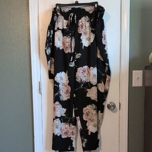 SHEIN Black Wide-Leg Floral Pants with Blush Roses